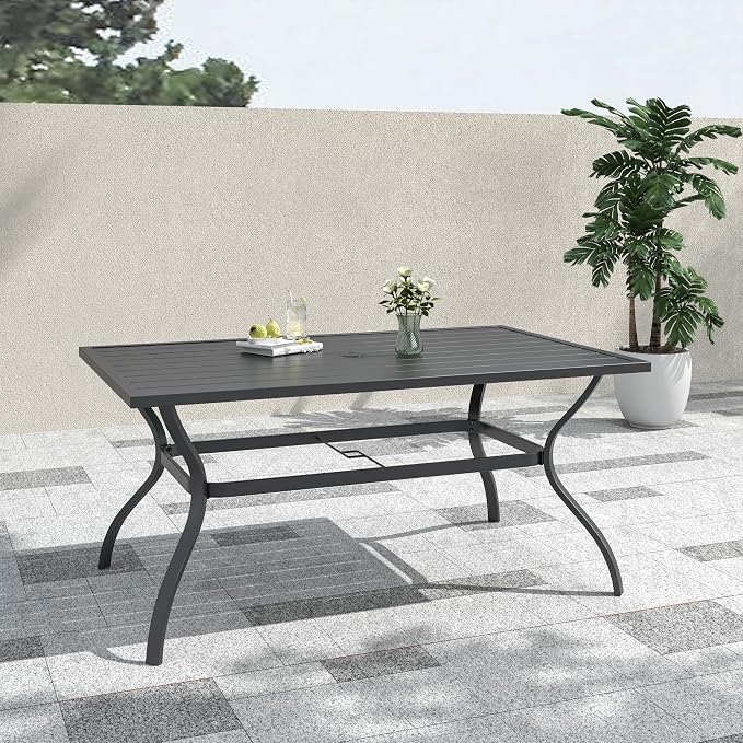 Anmutig 7 Piece Patio Dining Table and Chairs Set with Outdoor 60"x38" Rectangle Dining Table and 6 Blue Stacking Chairs