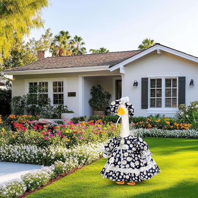 Spring Flower Goose Outfit Daisy Rose Floral Dress for 23'' Cement Plastic Goose Statue for Valentines Day Summer Outdoor Garden Yard Patio Lawn Decor(Daisy)