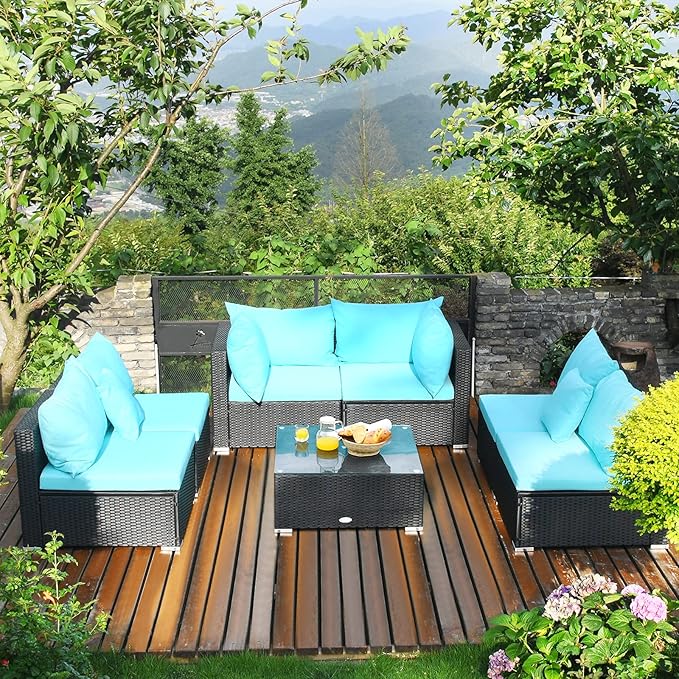 Tangkula 7 Piece Patio Furniture Set - Outdoor Sectional Sofa with Pillows and Cushions, Wicker Sofa Conversation Set with Coffee Table
