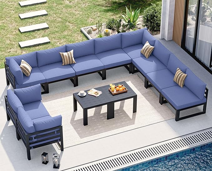 NICESOUL 12 Piece Extra Large Modern Aluminum Patio Furniture Set, Modular Outdoor Conversation Set with Coffee Table, 500 lbs Heavy Duty Comfortable Sectional Sofa for Poolside Exterior, Denim Blue