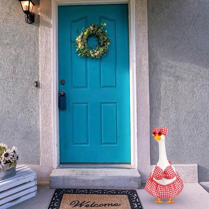 FuWeave Summer Porch Goose Outfit for 17" Red Plaid Goose Costume Clothes for Outdoor Patio Yard Lawn Art Decoration
