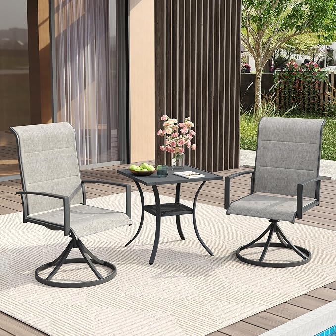 VICLLAX 3 Pieces Small Patio Table and Swivel Chairs for 2, All Weather Patio Dining Set, Grey Tabletop and Fabric