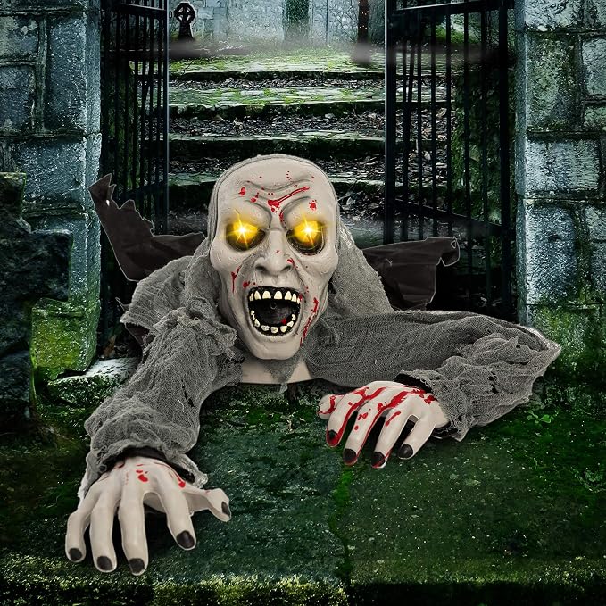 JOYIN Halloween Decorations Outdoor Light-Up Zombie Groundbreaker with bloodstain and Creepy Sound for Halloween Outside Decor, Lawn, Yard, Patio, Graveyard Decoration, Haunted House Prop