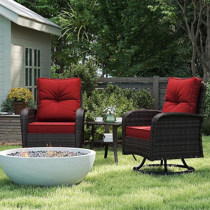 Kromax Outdoor Patio Furniture Set, All-Weather Wicker Swivel Glider Chairs Set of 2 with Coffee Table Table & Thick Machine Washable Cushions for Backyard, Garden, Porch, Brown/Red
