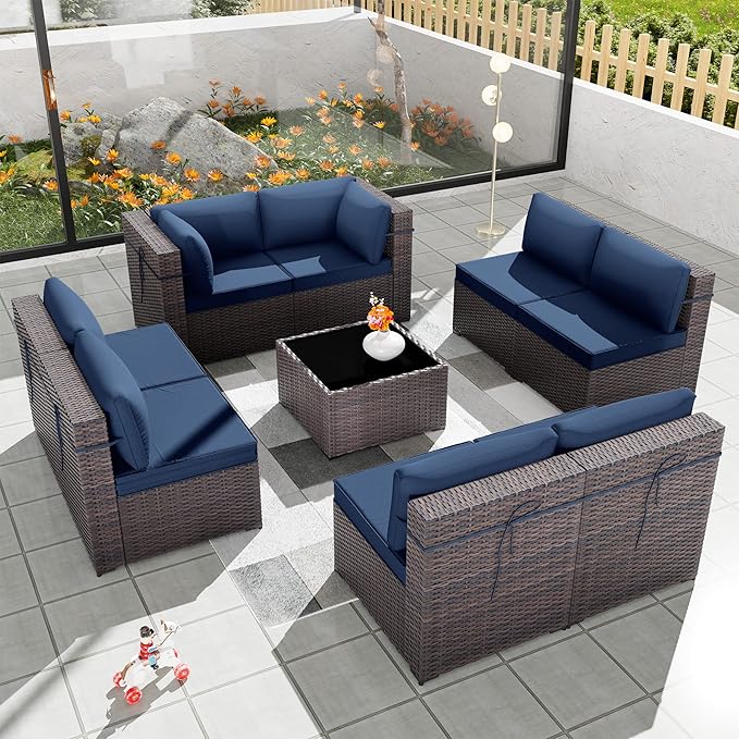 Patio Furniture Set 9pcs Outdoor Furniture for Backyard Sectional Sofa Set, Wicker Rattan Outdoor Conversation Set with 4 Inch Thickened Cushions and Coffee Table, Navy Blue
