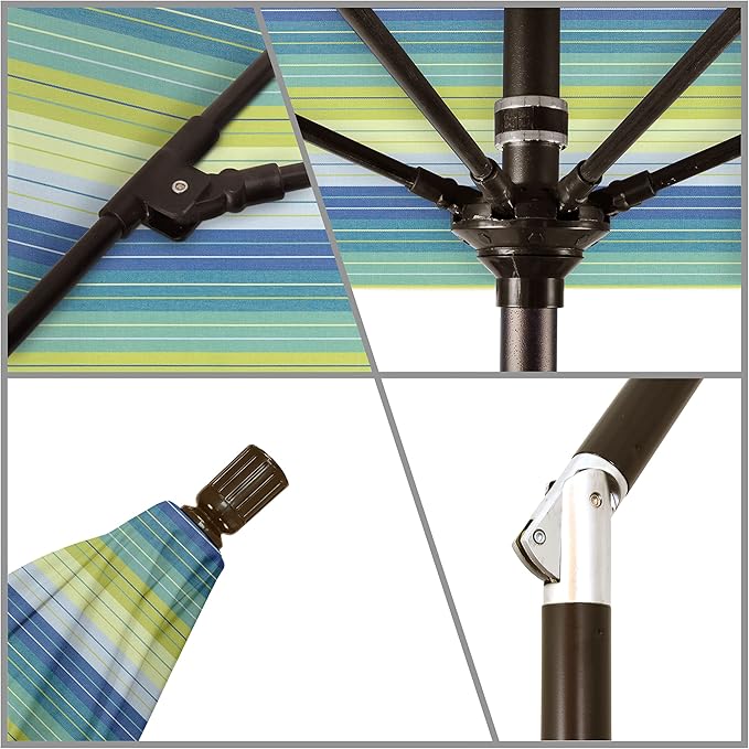 California Umbrella 9' Round Crank Lift, Collar Tilt, Aluminum Pole, Fiberglass Rib Patio Umbrella, Bronze Finish, Sunbrella Seville Seaside