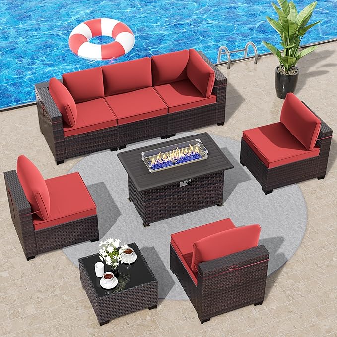 8 Pieces Outdoor Patio Furniture Set,Outdoor Sectional Furniture with 43" 55000 BTU Gas Propane Fire Pit Table,All Weather PE Rattan Wicker Patio Conversation Set,Red