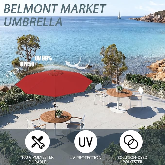 9FT Large Outdoor Patio Umbrella Pool Market Umbrella-UV Resistant, Easy Push Button Tilt and Crank, 8 Sturdy Ribs Heavy-Duty Table Umbrella for Deck, Backyard, Garden(Red)
