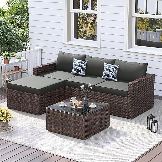 UDPATIO 5 Piece Patio Furniture Set, All-Weather Wicker Outdoor Sectional Sofa,Rattan L Shaped Outdoor Conversation Patio Sectional with Ottoman, Glass Table for Balcony Porch Backyard,Grey