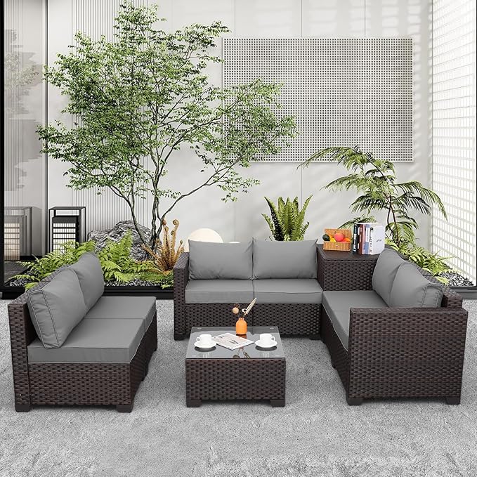 Valita Wicker Patio Furniture 6 Pieces Outdoor Sectional Sofa Patio Conversation Sets with Storage Bin Glass Table and Non-Slip Cushions and Furniture Covers, Light Grey