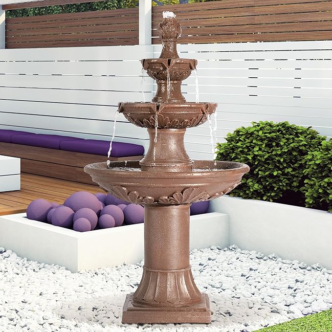 TITIMO 48" High Italian Feature Freestanding Water Fountain Outdoor and Indoor,3-Tier Roman Pillar Waterfalls Fountains for Garden,Patio,Yard,Deck,Backyard,Porch (Brown)