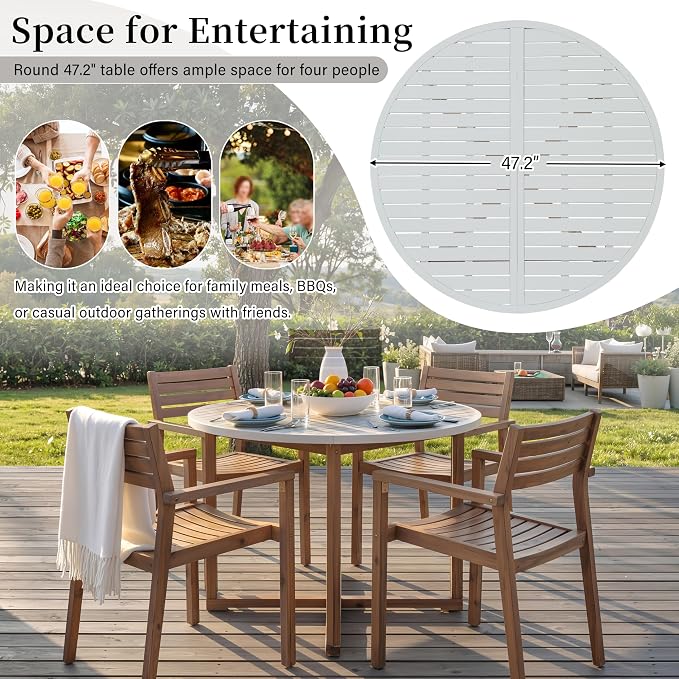 5-Piece Outdoor Patio Dining Set, All-Weather Acacia Wood 47.2" Round Dining Table with 4 Armchairs and Slatted Design for Backyard, Balcony, Garden, Poolside (Light Brown-4.11)