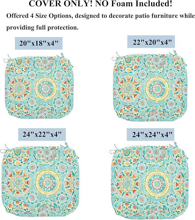 FUNHOME Patio Cushion Covers 22 x 20 x 4 Inch, No Insert! 2 Pack Water Repellent Outdoor Chair Seat Cushion Slip Covers with Zipper and Tie, Replacement Cover Only(Cyan Circle)