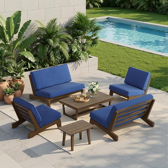 UIXE 6 Pieces Wood Patio Furniture Sets, 2 Patio Loveseat, 2 Patio Bistro Chair, All Weather Outdoor Sectional Sofa Furniture Backyard Conversation Set with Coffee Table - Navy