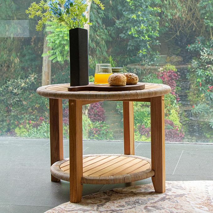 Cambridge Casual Seaside Outdoor Side Table, Natural Teak/All-Weather Wicker