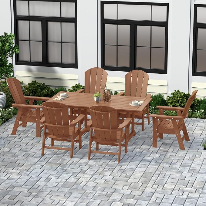 WestinTrends Malibu 7 Piece Adirondack Outdoor Dining Set, All Weather Poly Lumber Patio Table and Chairs Furniture Set, 71" Trestle Dining Table and 6 Adirondack Dining Chair, Teak