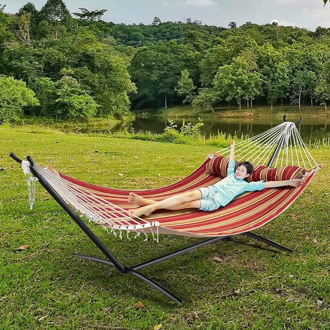 Happygrill Outdoor Hammock with Detachable Pillow, Curved Bamboo Spreader Bars and Hand-Woven Ropes, 2 Person Hammock