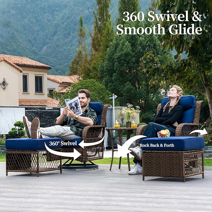 PIZZELLO 5 Pieces Patio Furniture Set w/ 5" Cushions and 25" Full Support Back, 3-Seater Outdoor Sectional Sofa, Loveseat, Swivel Rocker Patio Chairs and Side Table, Wicker Conversation Set for Patio