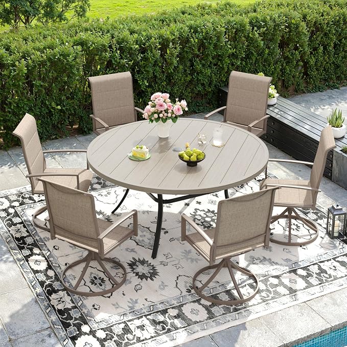 DIFY 7 Piece Outdoor Patio Dining Set for 6, 50" Grey Wood-Like Round Metal Dining Table and Swivel Patio Chairs with Sandshell Padded Textilene, All-Weather Outdoor Furniture Set for Garden Backyard