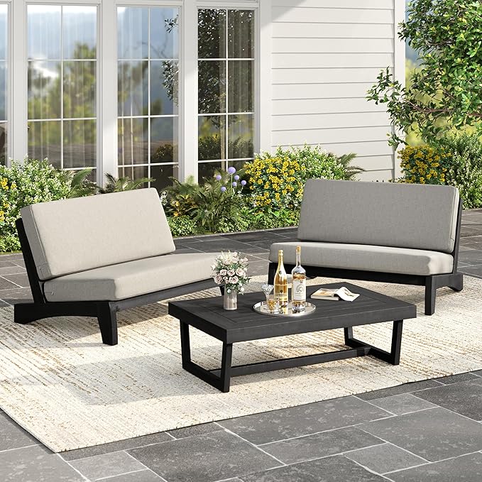 UIXE Black Wood Patio Furniture Sets, 3 Pieces All Weather Patio Loveseat Sofa Outdoor Sectional Futniture Backyard Conversation Set with Solid Wooden Coffee Table - Light Camel
