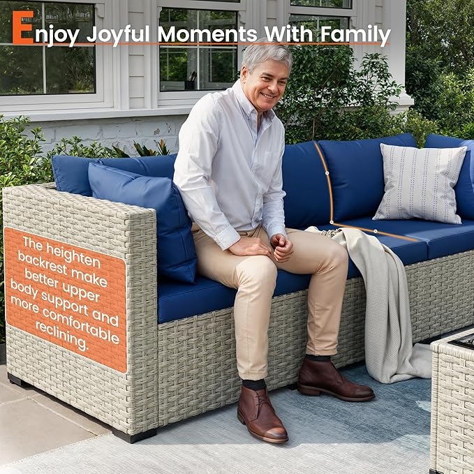 Patio Furniture Set, 7-Piece Outdoor Sectional All-Weather Wicker Patio Conversation Set for Backyard (Navy Blue Cushions with Grey Rattan)