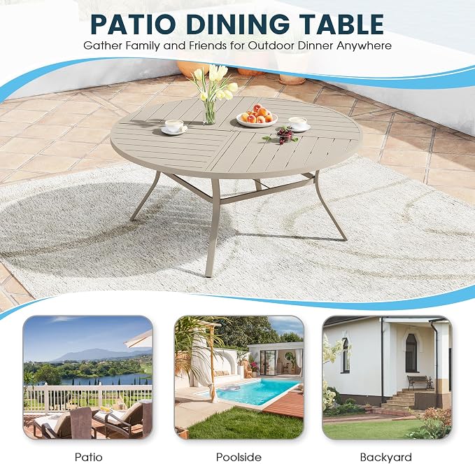 Patio Dining Table for 8-10, Round Metal Outdoor Table with Storage Shelf, 1.57" Umbrella Hole, 60" Outdoor Quartered Tabletop Dining Table for Backyard, Porch, Lawn, Sand