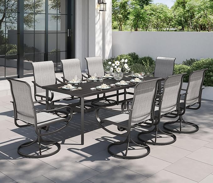 PHI VILLA 9 Piece Patio Table and Chairs Set for 8 Person, 82'' Rectangle Metal Slat Table and 8 Swivel Patio Chairs, All Weather Outdoor Dining Set for Deck Garden Yard (Grey)
