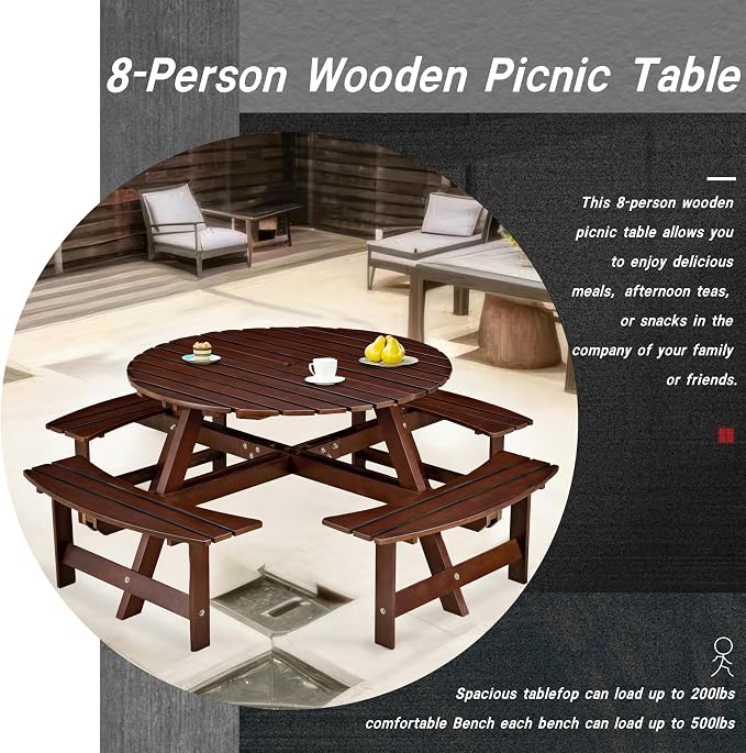 8-Person Outdoor Picnic Round Table with Built-in Benches | All-Weather Wooden Patio Furniture for Gardens, Backyards and Porches | Includes 2" Umbrella Hole (Brown, 70.08"*70.08"*27.17")