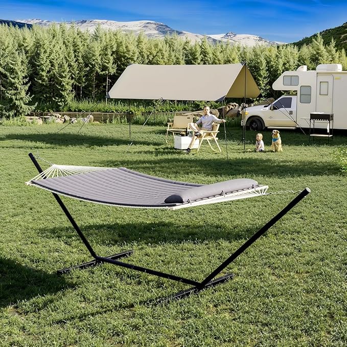 Double Hammock with Stand for Outdoor, Heavy Duty Portable Hammock with Adjustable Steel Stand for Patio, Garden, Beach, Backyard, Dark Gray
