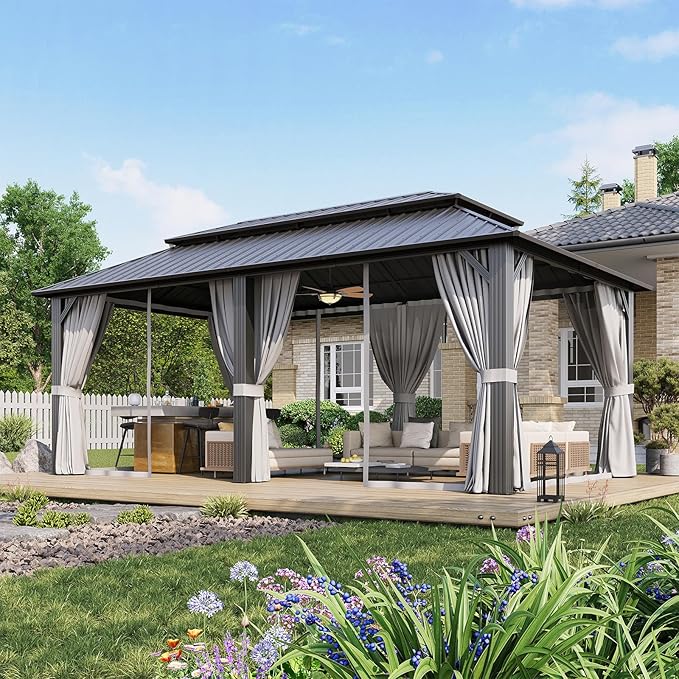 Aoxun 12’x20’ Hardtop Gazebo, Permanent Metal Pavilion with Galvanized Steel Double Roof, Outdoor Pergola with Nettings and Curtains for Lawn, Garden, Patio (Gray)