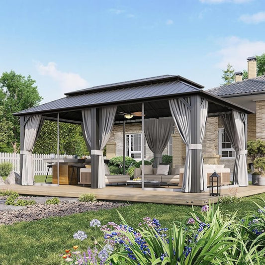 Aoxun 12’x20’ Hardtop Gazebo, Permanent Metal Pavilion with Galvanized Steel Double Roof, Outdoor Pergola with Nettings and Curtains for Lawn, Garden, Patio (Gray)