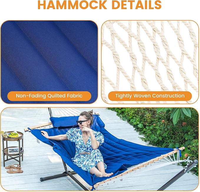 Lazy Daze Hammocks Rope Hammock with Pad, Spreader Bar, Carabiners, Tree Straps, Chains for Outside Patio- Max 450 Lbs, Blue