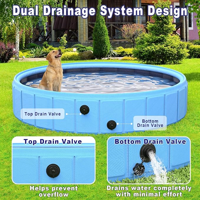 Foldable Dog Pool with Sprinkler, 106" Extra Large Non-Slip Dog Swimming Pool, 2-in-1 Outdoor Backyard Pet Bathing Tub with Drain Plug for Dogs Kids Pets Ducks