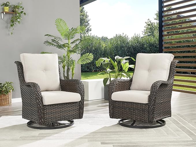 Rilyson Wicker Rocking Chair Swivel Chairs - 2 Piece Rocker Patio Chairs Set Rattan Rocking Chair for Outdoor Porch Deck Garden Backyard (Brown/Beige)