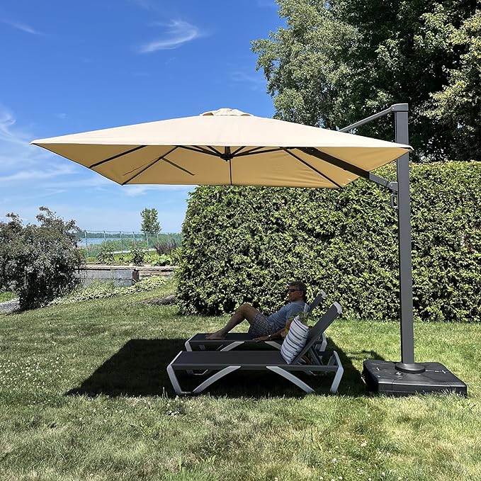 PURPLE LEAF 11 FT Square Patio Cantilever Umbrella with Base Included Large Outdoor Offset Umbrella with 360-degree Rotation for Garden Deck Backyard Pool Beige