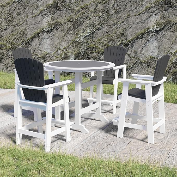 JUSTONE 47 Inch Round Outdoor Bar Table, Water-Resistant HDPE Pub Height Table for Patio, Garden, Poolside, Backyard, Balcony, Fire Pit and Lawn，Grey and White