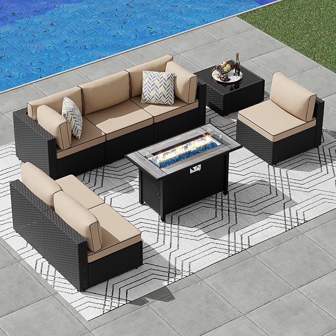 JAMFLY 8 Piece Outdoor Patio Furniture Set with Propane Fire Pit Table, All-Weather PE Wicker Rattan Sectional Sofa Set with Thick Cushions for Backyard, Garden, Poolside(Khaki, Black)