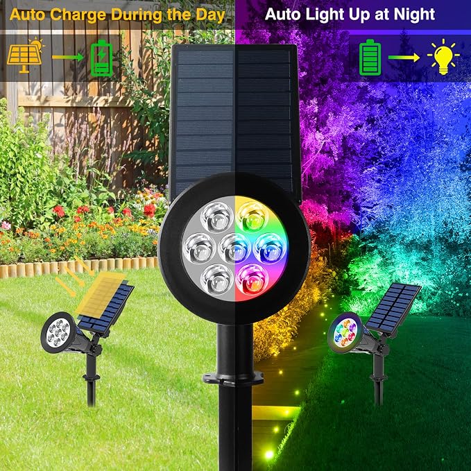 T-SUN Color Changing Solar Spot Lights Outdoor Waterproof, 7 LEDs, 2 Pack | 7 Color Changing Modes, IP65 Waterproof Dusk to Dawn Solar Uplights for Tree, Patio, Yard, Garden, Driveway, Pool Area