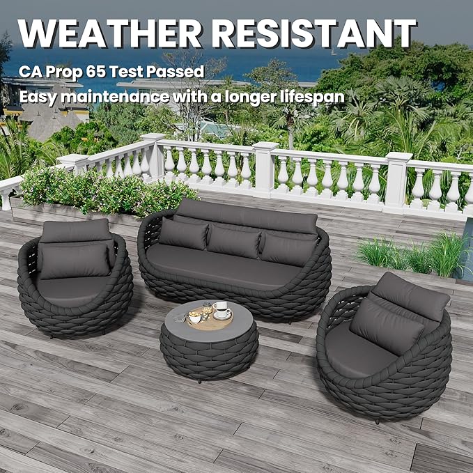 Woven Rope Patio Furniture Set: 4 Pieces Aluminum Outdoor Conversation Sofa Set Assembled - Modern Couch Set Cushioned - All Weather Metal Porch Seating for 5 Person Deck Garden Hotel, Dark Gray