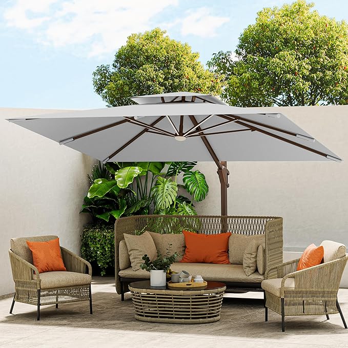 10 X 13 FT Cantilever Outdoor Patio Umbrella with LED Lights Large Heavy Duty 360° Rotation Double Top Offset Rectangular Umbrellas for Backyard Garden Pool Outside Deck, Fog Grey