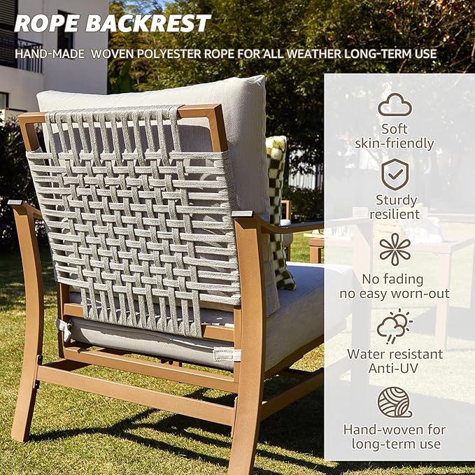 NATURAL EXPRESSIONS 4 Pieces Patio Furniture Sets,Modern Metal Outdoor Conversation Sets with All Weather Hand-Woven Rope Chairs,High Back Frame,Metal Table, 6" Thick Olefin Cushions for Yard,Garden