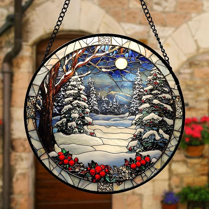 DASTOLL Stained Glass Window Hanging Christmas Tree Winter Snow Night Scenery 6.3" - Suncatcher Door Garden Kitchen Sun Catcher Home Decor Birthday for Mom Men Woman Friend