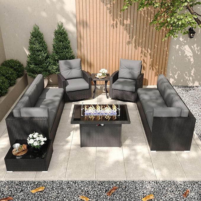 Patio Furniture Set with Fire Pit Table, 11 Pieces Outdoor All-Weather Wicker Conversation Sectional Chair Sofa Set with 2 Swivel Chairs