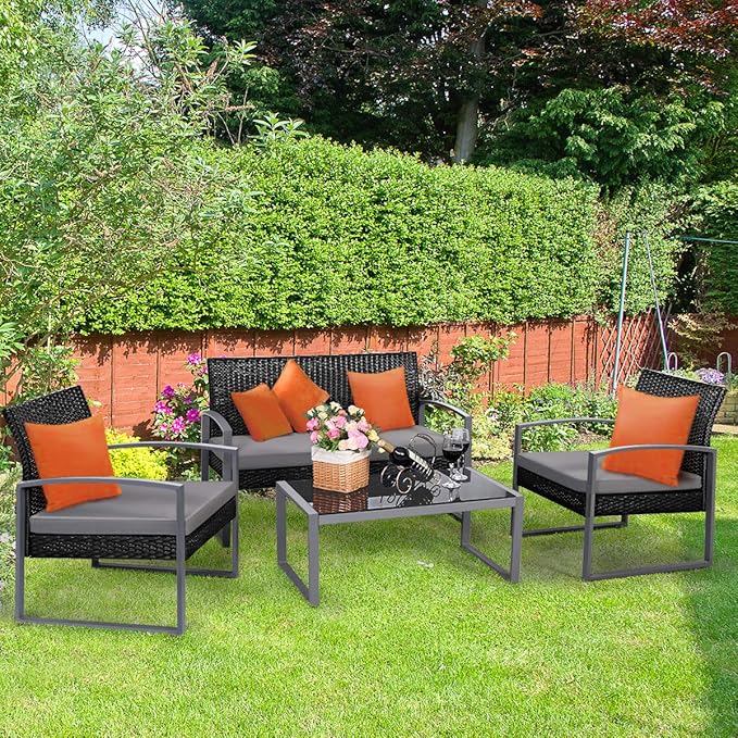 Tangkula 4 PCS Outdoor Patio Furniture Rattan Wicker Conversation Set, As pic