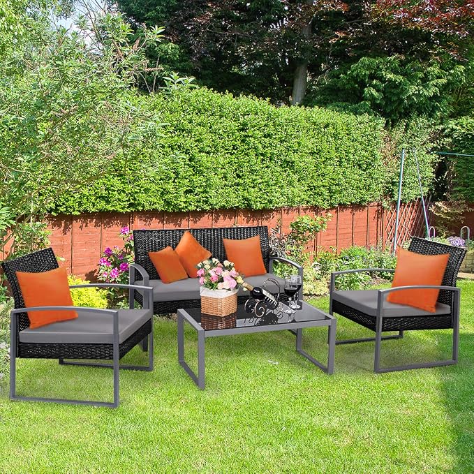 Tangkula 4 PCS Outdoor Patio Furniture Rattan Wicker Conversation Set, As pic