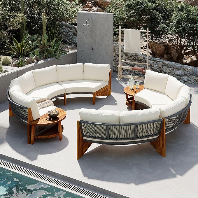 3-Piece Outdoor Patio Furniture Sectional Sofa Set, 2 Semi-Circle Sofas with Coffee Table, All-Weather Acacia Wood Conversation Set with Cushions for Garden Backyard Balcony, Freely Combined
