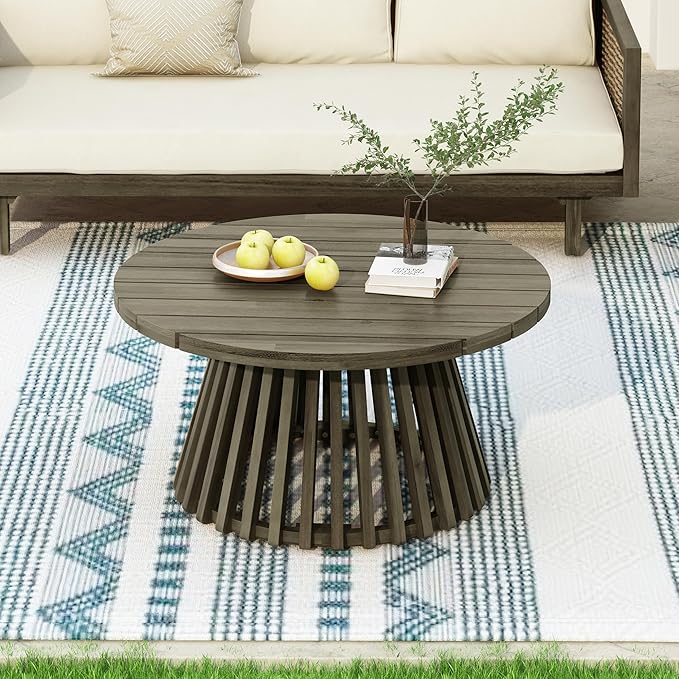 Merax Outdoor Acacia Wood Conversation Set - Patio 3-Seat Loveseat Sofa w/Coushion and Round Coffee Table for Backyard, Lawn, Balcony, Gray