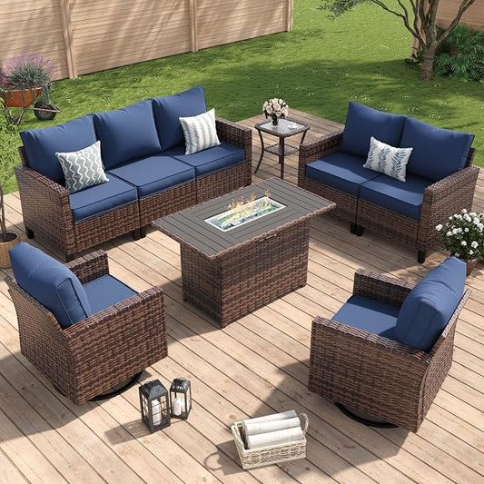 Amopatio Patio Furniture Set with Fire Pit Table, Wicker Outdoor Sectional Sofa with Swivel Rocker Chairs, All-Weather Rattan Conversation Set, Waterproof Cover for Backyard, Deck Brown/Navy 6 PCS