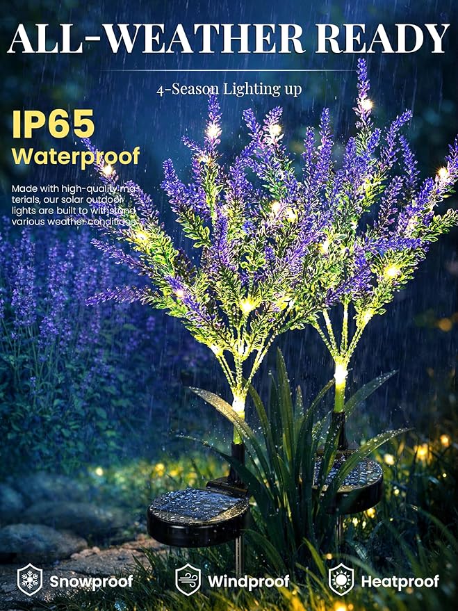 GIGALUMI Solar Garden Lights with Lavender, LED Garden Decor Carefree Solar Flowers Outdoor Waterproof, Yard Decorations Outdoor, Allergy-Free Everlasting Light up Flowers for Yard Patio (Set of 2)