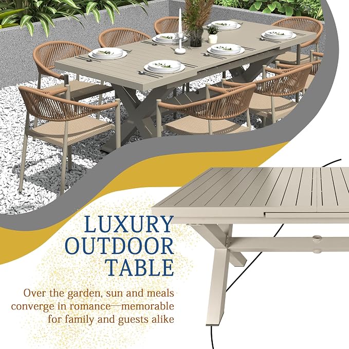 83'' 32'' Extendable Outdoor Dining Table for 6-8, Aluminum Frame with Umbrella Hole for Patio, Garden, Backyard, Deck, Poolside (Milk Coffee)